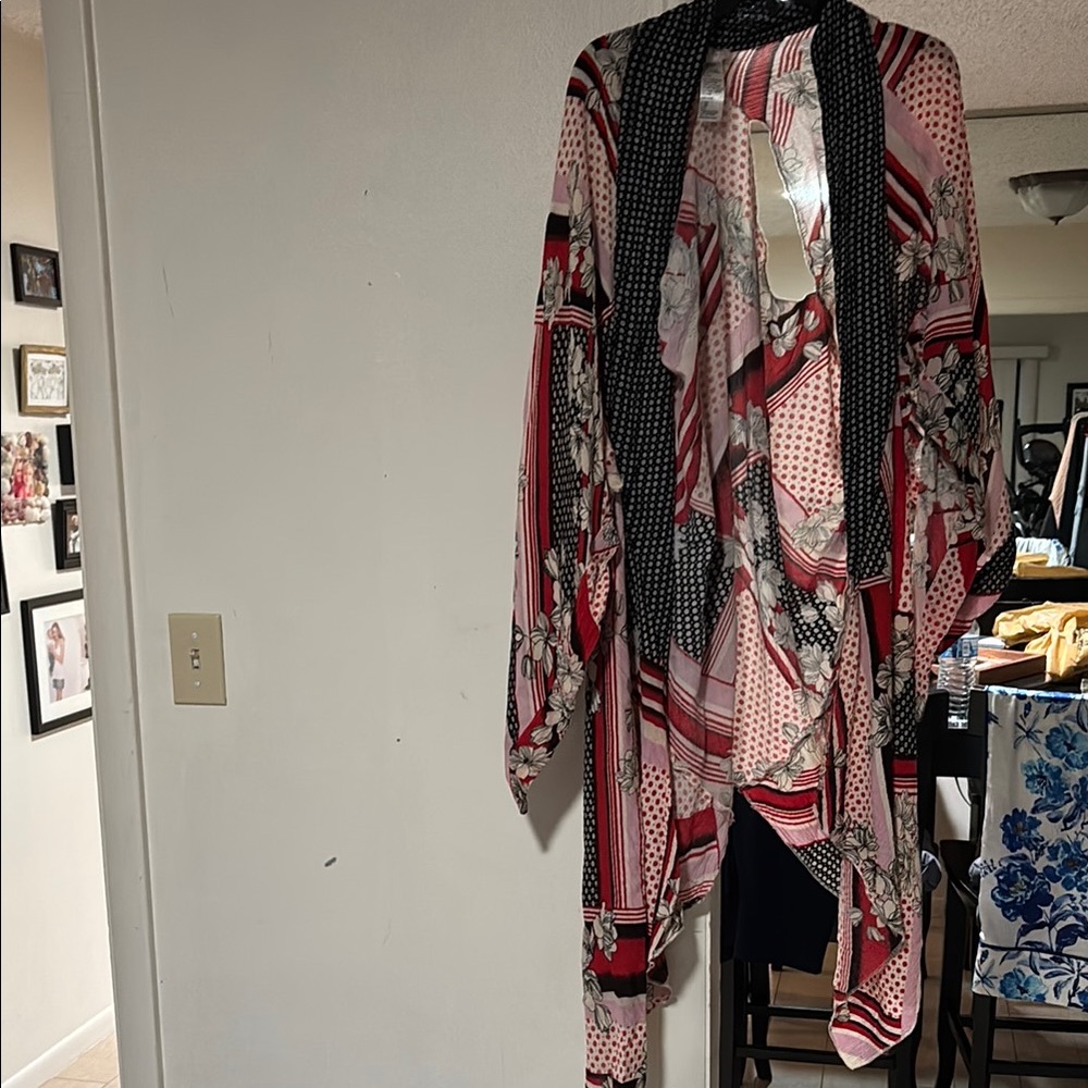 Free People Red Pink and Black Patterned Open Kimono